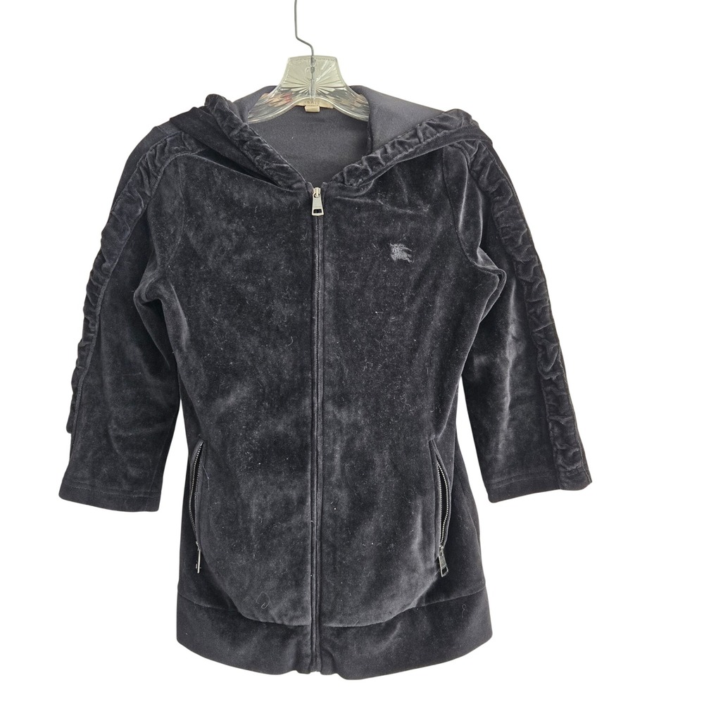 Burberry Brit S Velvet Zip Up Hoodie Womens Black Excellent Ruched Nova Check